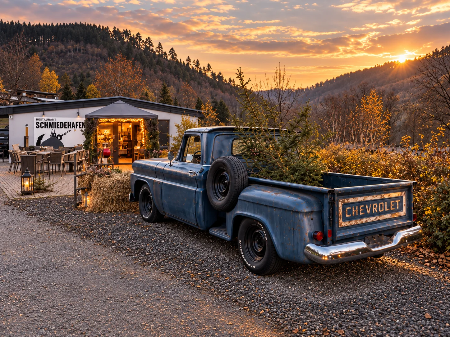 Unser blauer Chevrolet Apache mit Tannenbäumen vor dem warm beleuchteten Schmiedehafen im Abendlicht