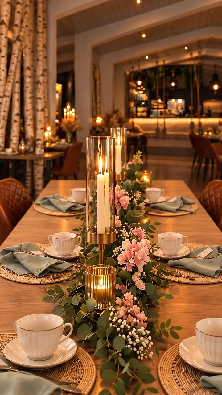 Kerzen und rosa Blumen auf der festlich gedeckten Tafel im Schmiedehafen – erstes Filmbild, inszenierte Ansicht